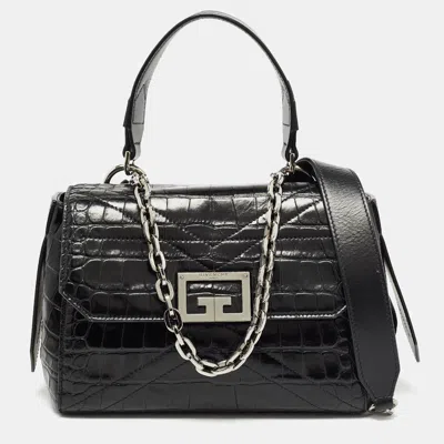 Pre-owned Givenchy Black Croc Embossed Leather Small Id Flap Top Handle Bag