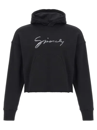 GIVENCHY BLACK LOGO COTTON CROPPED HOODIE