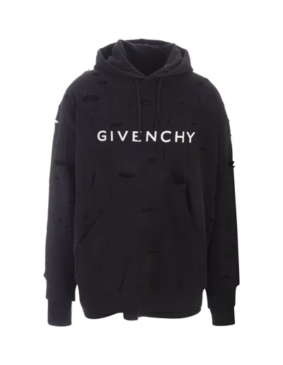 GIVENCHY BLACK DESTROYED HOODIE WITH LOGO