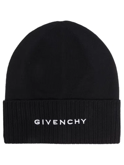 GIVENCHY BLACK EMBROIDERED LOGO WOOL BEANIE HAT