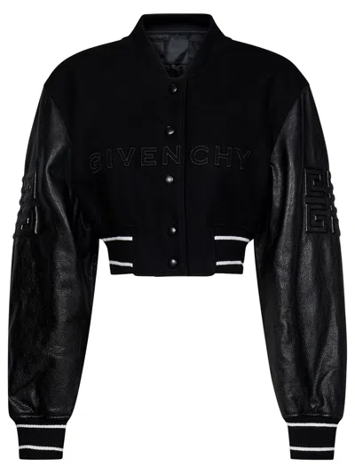 GIVENCHY BLACK GIVENCHY 4G SHORT BOMBER IN WOOL AND LEATHER
