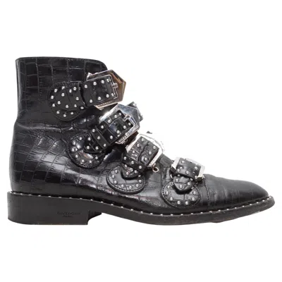 Pre-owned Givenchy Black  Embossed Croc Buckle Ankle Boots Size 36