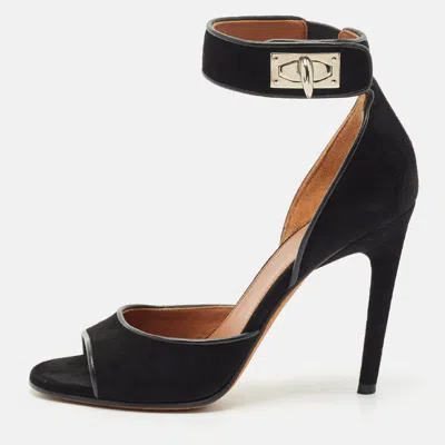 Pre-owned Givenchy Black Leather And Suede Shark Lock Ankle Strap Sandals Size 36