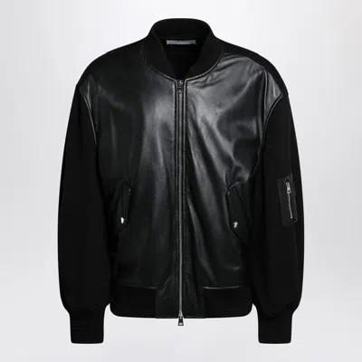 Givenchy Black Leather Bomber Jacket With Wool Sleeves In Multi