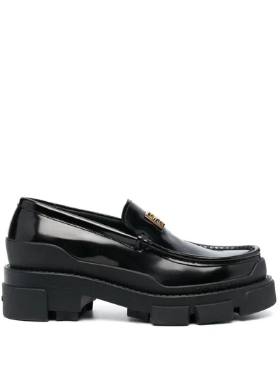 GIVENCHY BLACK LEATHER LOAFERS WITH GOLD-TONE LOGO PLAQUE AND LOW BLOCK HEEL FOR WOMEN
