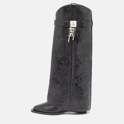 Pre-owned Givenchy Black Leather Shark Lock Cowboy Knee Length Boots Size 37