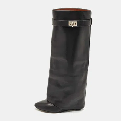 Pre-owned Givenchy Black Leather Shark Lock Wedge Knee High Boots Size 38