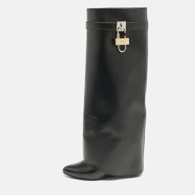 Pre-owned Givenchy Black Leather Shark Lock Wedge Knee High Boots Size 39