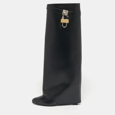 Pre-owned Givenchy Black Leather Shark Lock Wedge Knee High Boots Size 40