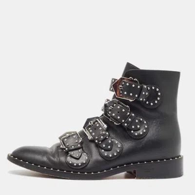 Pre-owned Givenchy Black Leather Studded Buckle Detail Ankle Boots Size 37