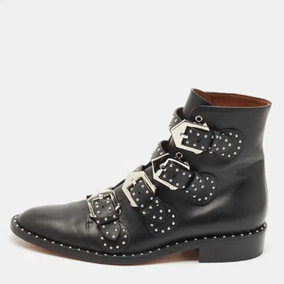 Pre-owned Givenchy Black Leather Studded Buckle Detail Ankle Boots Size 39