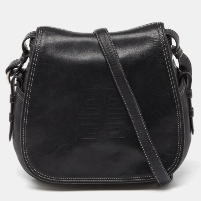 Pre-owned Givenchy Black Logo Embossed Leather Flap Hobo