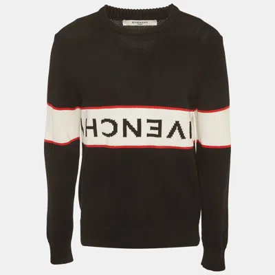 Pre-owned Givenchy Black Logo Intarsia Knit Crewneck Sweater L