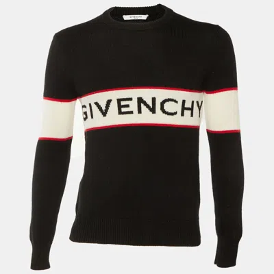 Pre-owned Givenchy Black Logo Intarsia Wool Crew Neck Sweater Xs