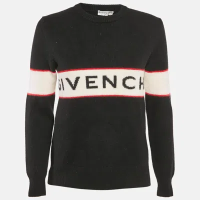 Pre-owned Givenchy Black Logo Intarsia Wool Knit Sweater M