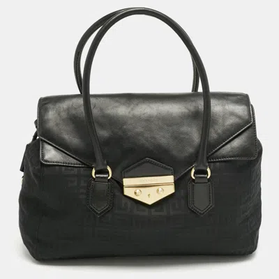Pre-owned Givenchy Black Logo Jacquard Fabric And Leather Double Flap Satchel