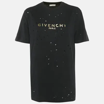 Pre-owned Givenchy Black Logo Print Cotton Distressed Crewneck T-shirt Xs