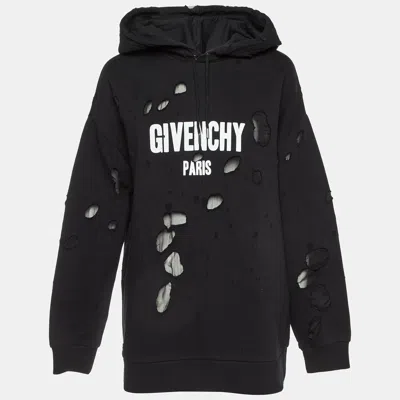 Pre-owned Givenchy Black Logo Print Cotton Distressed Hooded Sweatshirt L
