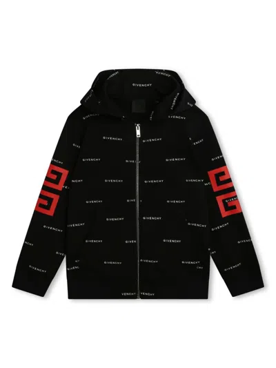 GIVENCHY BLACK LOGO PRINT ZIPPED HOODIE