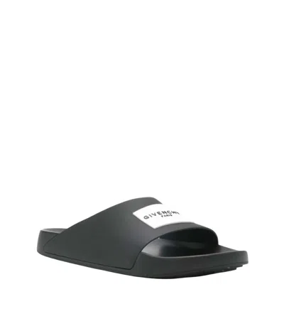 Givenchy Black Sandals With Wide Band And Contrasting Logo Patch In Rubber Man