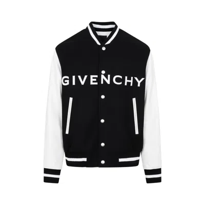 Givenchy Navy Blue And White Bomber Jacket In Wool And Leather In Black