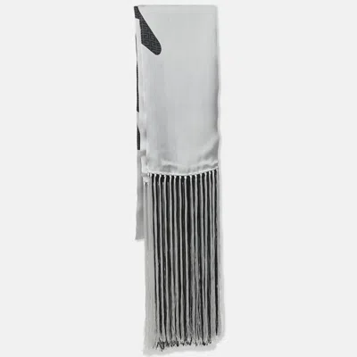 Pre-owned Givenchy Black Monogram Print Satin Silk Fringed Scarf