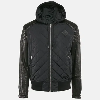 Pre-owned Givenchy Black Nylon And Leather Zip Up Hooded Jacket Xl