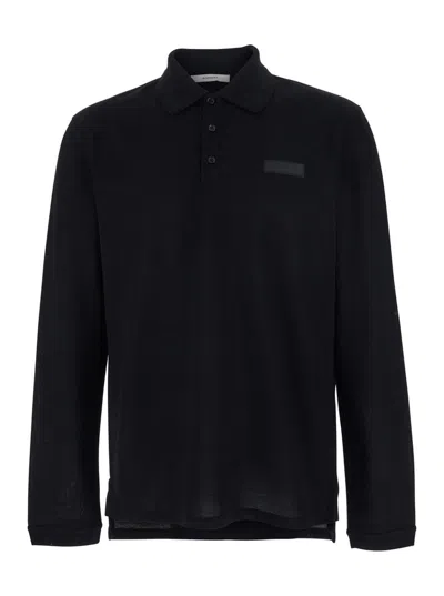 Givenchy Men Black Polo Shirt With Logn Sleeves And Chest Logo Patch In Cotton Man