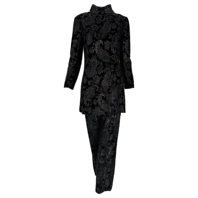 Pre-owned Givenchy Black Princess Seam Glittery Paisley Cut Velvet Tunic & Pant Set 1970s