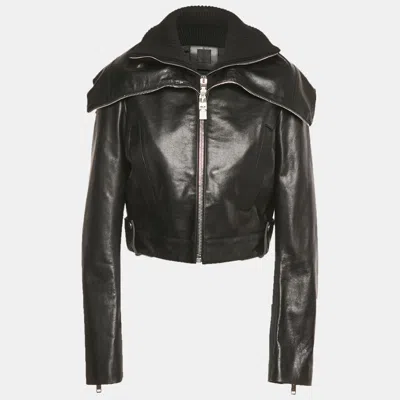 Pre-owned Givenchy Black Rib Knit And Leather Crop Jacket M