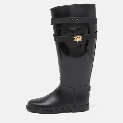 Pre-owned Givenchy Black Rubber Shark Lock Flat Knee Boots Size 39