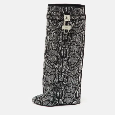 Pre-owned Givenchy Black Satin Snake Effect Crystal Embellished Shark Lock Knee Length Boots Size 38