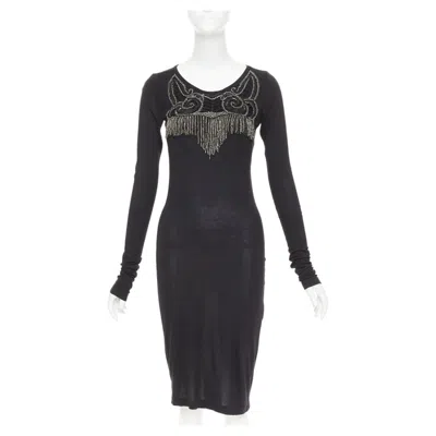 Pre-owned Givenchy Black Silver Crystal Chain Fringe Embellished Modal Dress Xs