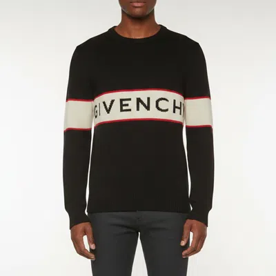 Pre-owned Givenchy Black Striped Logo Intarsia Wool Knit Sweater M