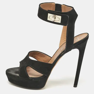 Pre-owned Givenchy Black Suede Shark Lock Ankle Strap Sandals Size 40