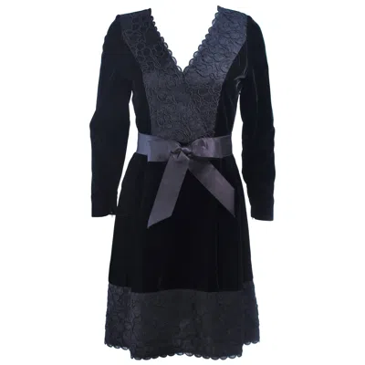 Pre-owned Givenchy Black Velvet Cocktail Dress With Lace Trim And Satin Belt Size 4