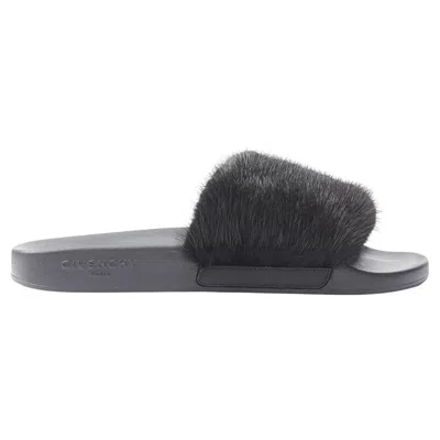 Pre-owned Givenchy Black Vison Mink Fur Logo Rubber Molded Footbed Pool Slides Eu36
