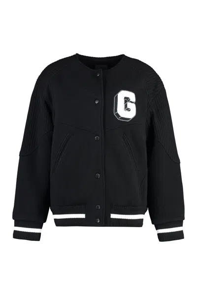 Givenchy Black Wool Bomber Jacket With Patch For Women