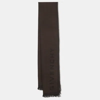Pre-owned Givenchy Black/brown Logo Jacquard Wool Fringed Scarf