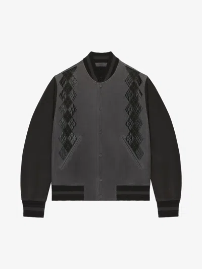 Givenchy Varsity Jacket In Grained Leather With Argyle Pattern In Grey