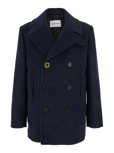 GIVENCHY BLUE COAT WITH WIDE LAPELS AND LOGOED BUTTONS IN WOOL MAN