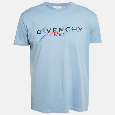 Pre-owned Givenchy Blue Cotton Logo Embroidered Crew Neck T-shirt Xs