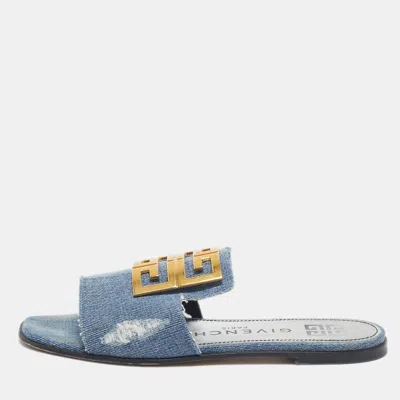 Pre-owned Givenchy Blue Denim 4g Flat Slides Size 38