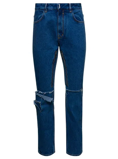 Givenchy Blue Jeans With Zip And Rips Details In Cotton Denim Man In Multicolor