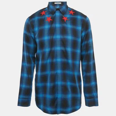 Pre-owned Givenchy Blue Plaided Star Embroidered Cotton Utton Front Shirt Xl