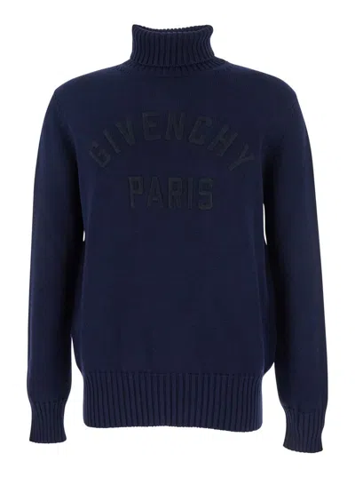 GIVENCHY BLUE TURTLENECK SWEATER WITH LOGO LETTERING ON THE FRONT IN WOOL MAN