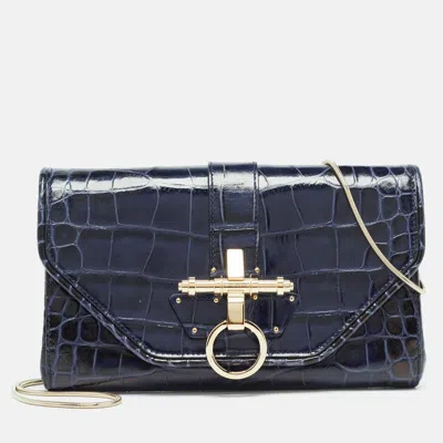 Pre-owned Givenchy Blue/black Croc Embossed Glossy Leather Obsedia Chain Clutch In Navy Blue