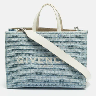 Pre-owned Givenchy Blue/cream 4g Denim And Leather Medium Tote