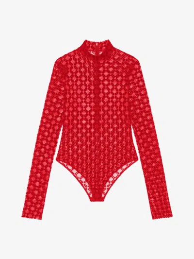 Givenchy Bodysuit In Monogram 72 Tulle In Red