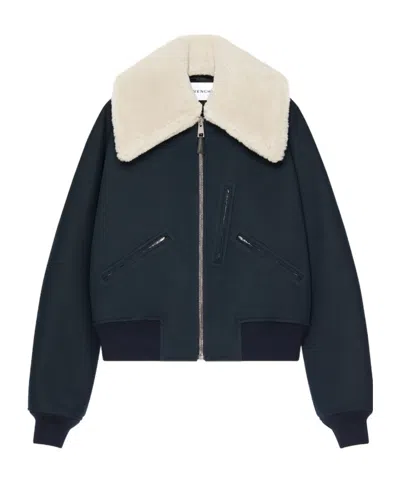 Givenchy Bomber In Cotton With Shearling Collar In Blue